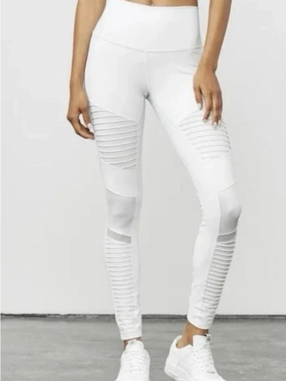 Alo High-Waist White Moto Ribbed Leggings